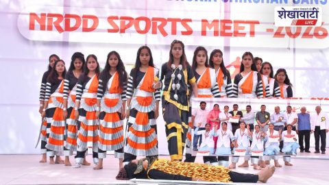 Students receiving trophies at Jhunjhunu Sports Meet 2026