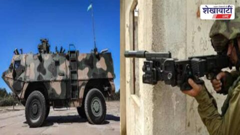 Military equipment display during ESM rally at Churu district sports stadium