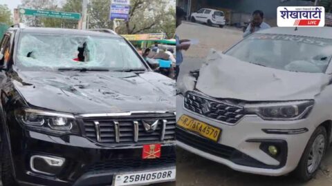 Stray bulls fighting near Chirawa railway station damage parked Scorpio