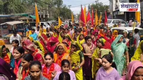 Shyam temple procession Chirawa devotees crowd colorful flags celebration