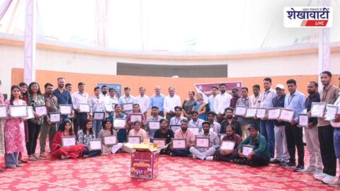 Women showcasing products at Raj Sakhi Mela closing ceremony Sikar