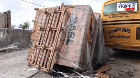 Damaged electric poles and houses after truck enters village shortcut