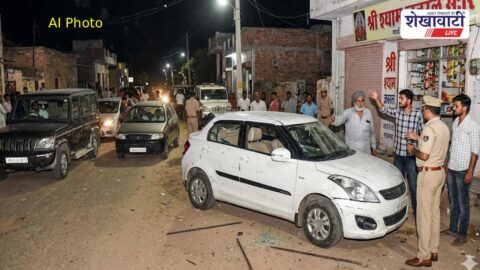 Damaged car after violent shop robbery incident in Rajgarh Churu