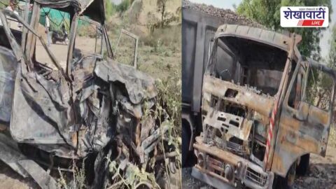 Burnt Bolero after collision near Thirpali Churu accident site