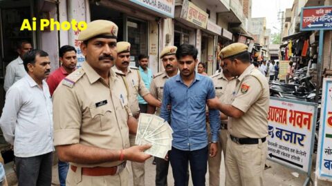 Police seizing fake currency notes during investigation in Rajasthan market