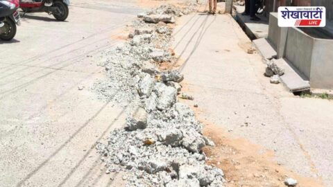 Damaged cement road in Chirawa after pipeline excavation work