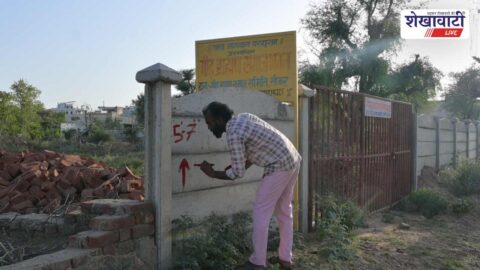 Municipal team marking road widening area in Sikar city