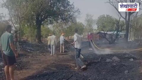 Fire brigade controlling fire at Gidania johad near Chirawa