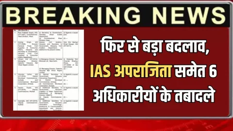 ताजा खबर : Haryana IAS Transfer : हरियाणा ब्यूरोक्रेसी में फिर से बड़ा बदलाव, IAS अपराजिता समेत 6 अधिकारीयों के तबादले, देखें पूरी लिस्ट